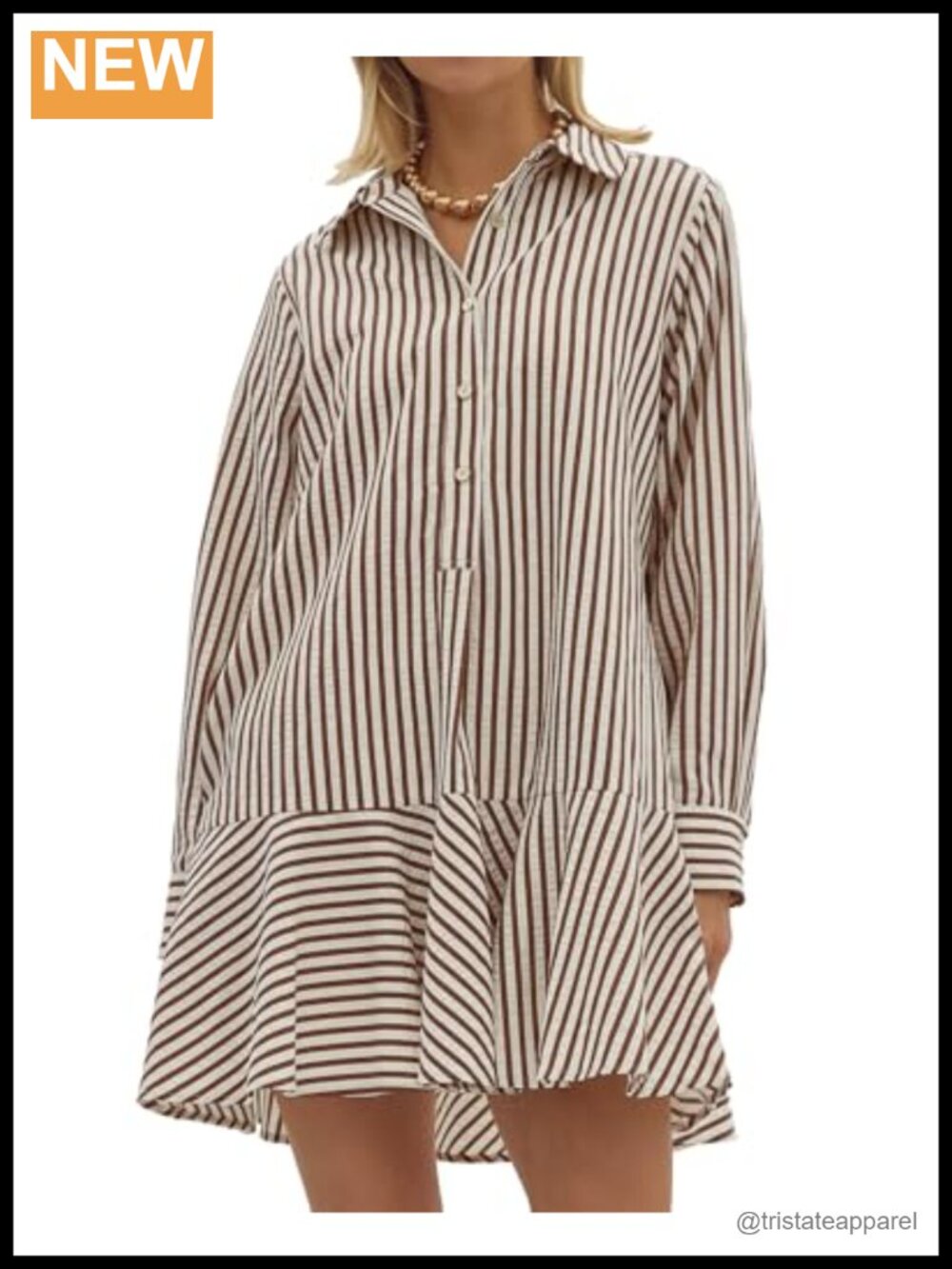 Women's Cotton Tunic Mini Shirt Dress Long Sleeve Ruffle Hem Button Up Shift